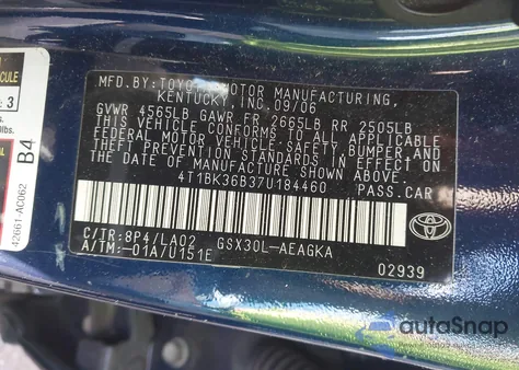 2007 Toyota Avalon Xls z USA, uszkodzony, nr VIN 4T1BK36B37U184460